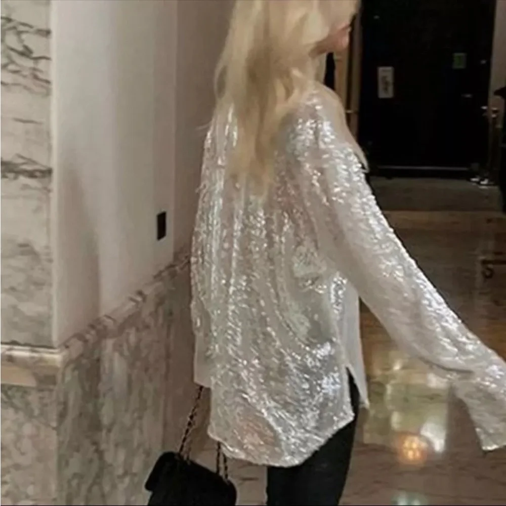 🎉New Sparkle & Shine Silver Long Sleeve Sequined Glitter Sheer Button Up Top - Picture 11 of 11